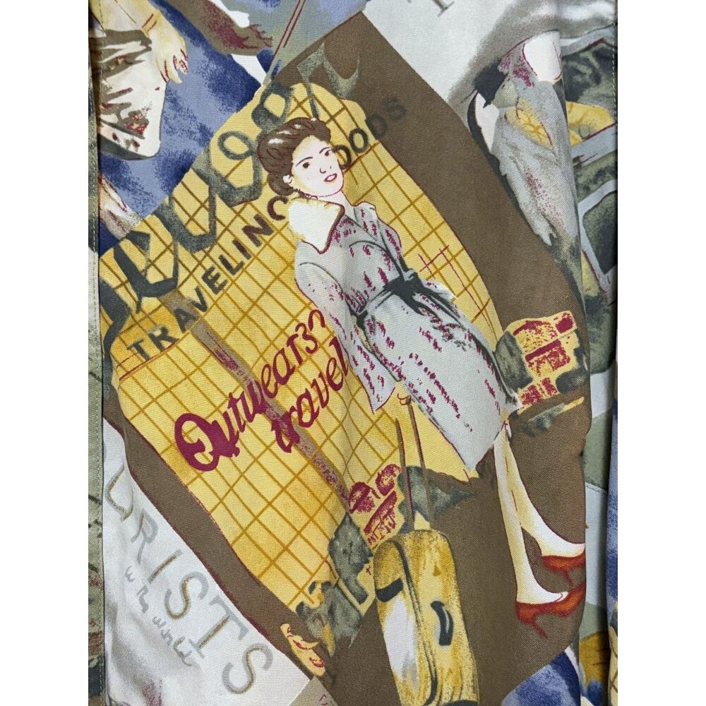 Y2K Kate Hill Blouse 3X Travel Trains Planes 1920s Graphic Lagenlook 100% Silk - Picture 3 of 10